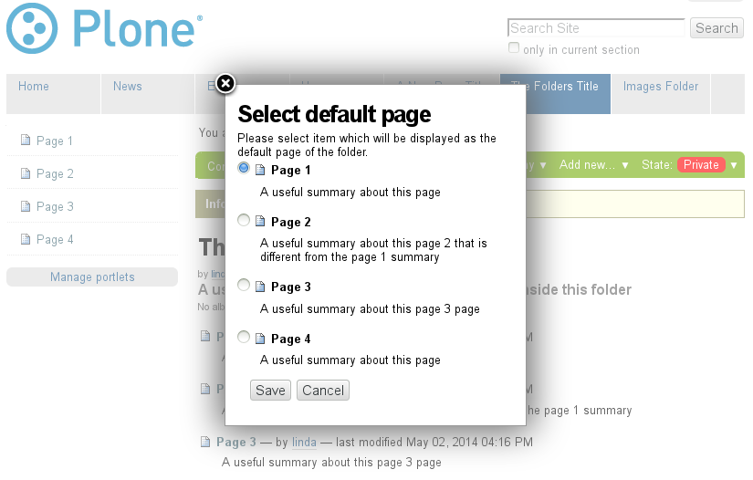 Display Pick new default Page
